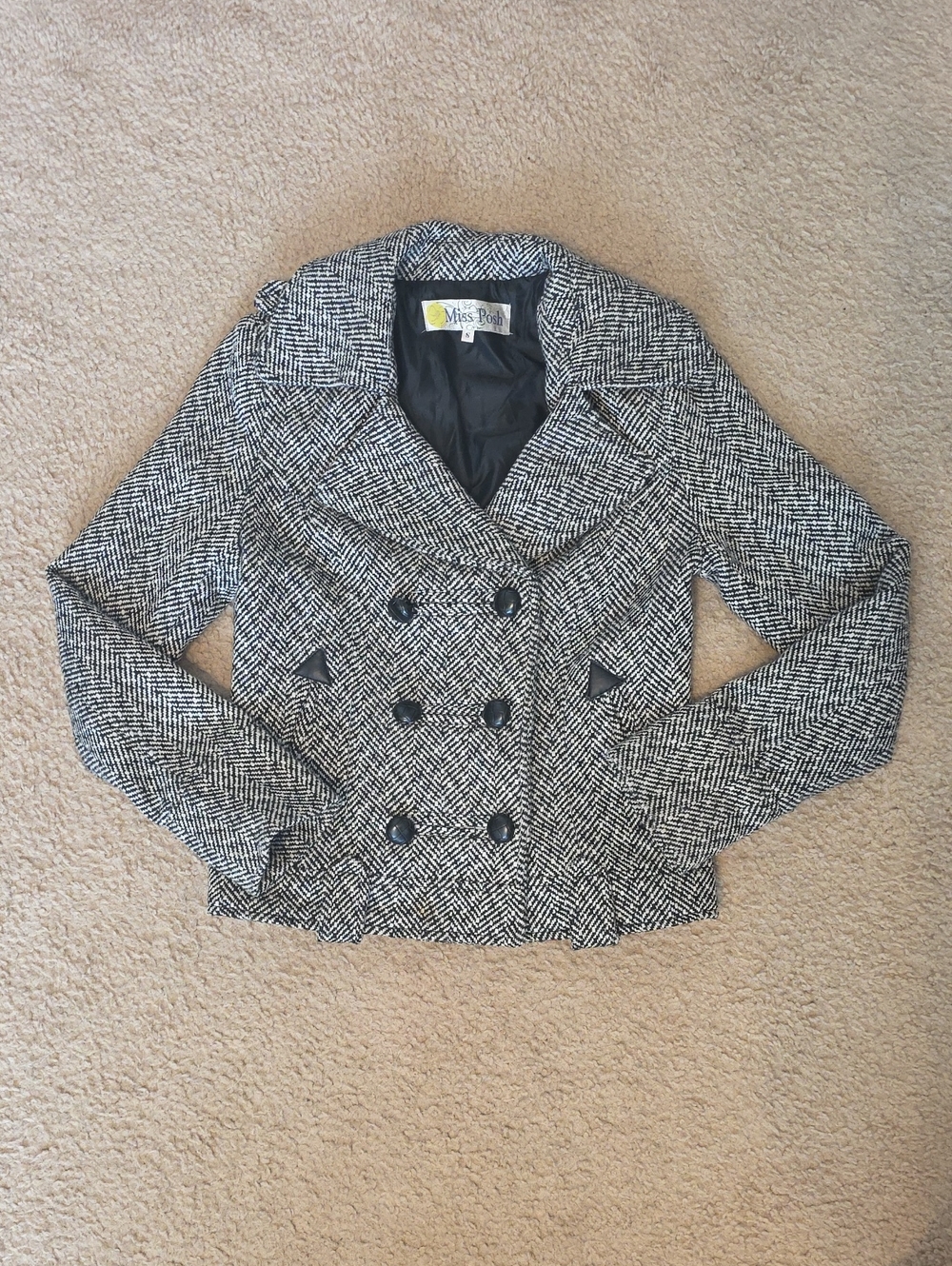 Miss Posh Black & White Herringbone Peacoat